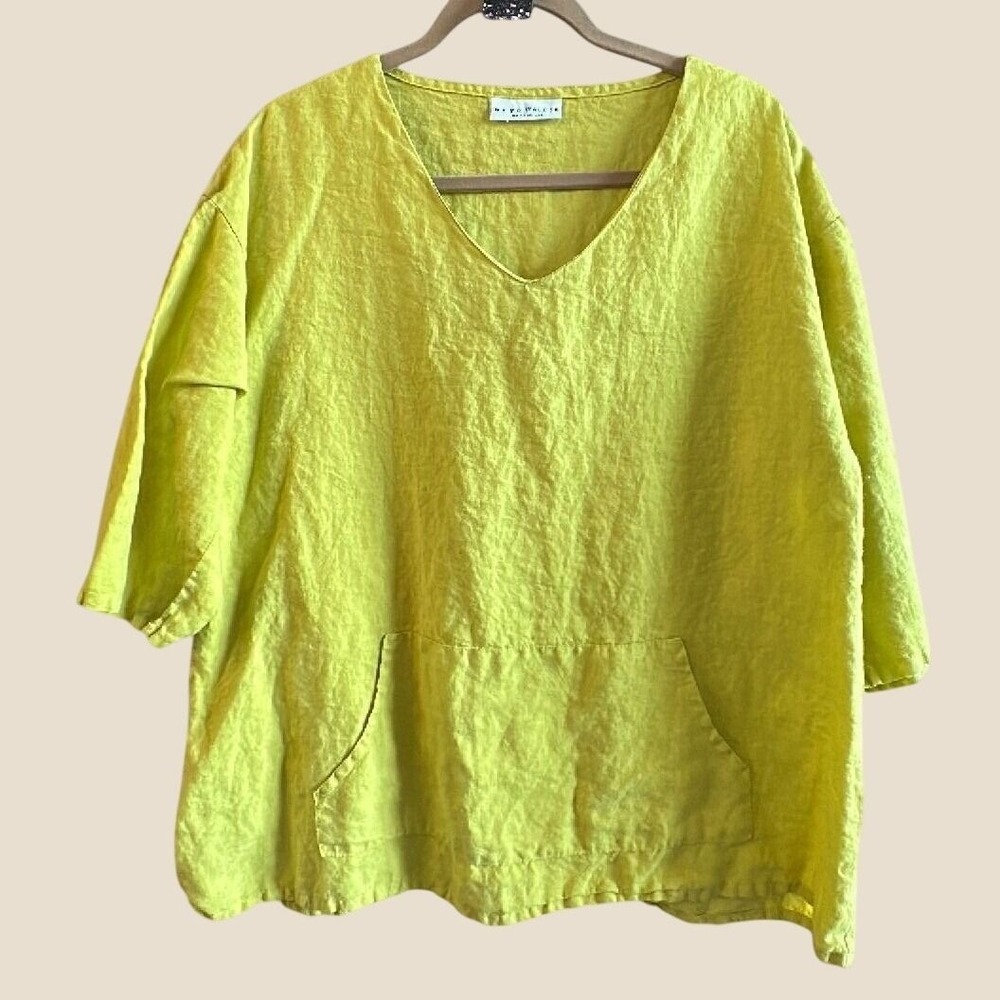 Bryn Walker Tunic Top Lime Green Chartreuse Linen V-Neck Kangaroo Pocket L